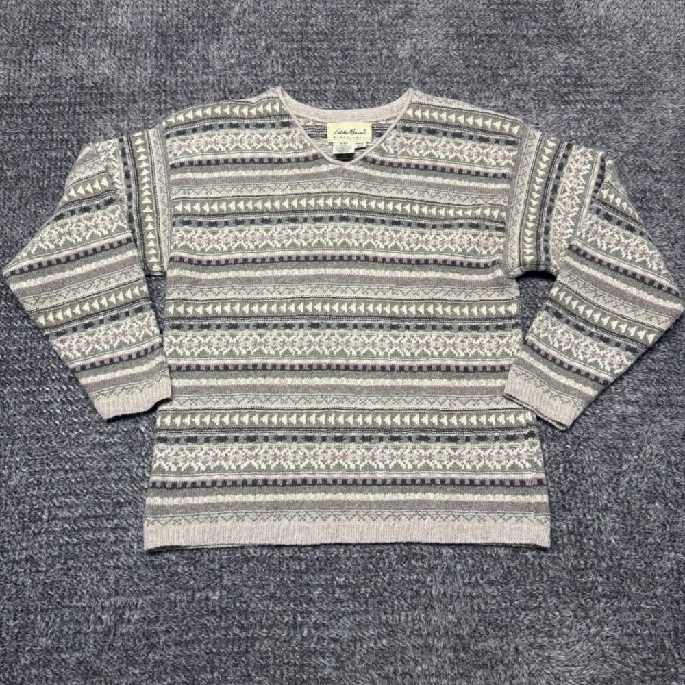 Eddie‎ Bauer Womens Fair Isle Sweater Medium Gray Recycled Wool Pullover Vintage